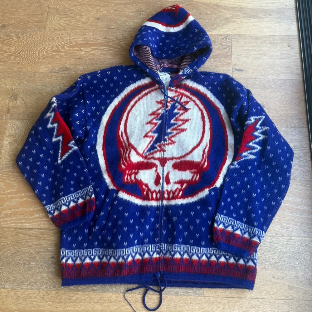 Grateful Dead Blue Red White Zip-Up Hoodie with Skull Bolt Motif